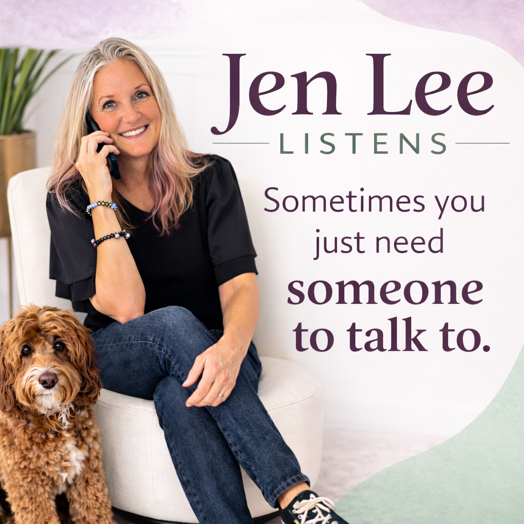 en Lee Listens graphic showing Jen Lee talking on the phone with her dog and the message “Sometimes you just need someone to talk to.”