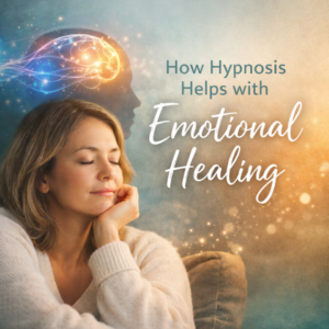 Beige Minimalist Burger Buy 1 Get 1 Free Instagram Post(2) Calm woman with eyes closed resting her head on her hand, with a glowing brain illustration above and soft light surrounding her, representing emotional healing through hypnosis.