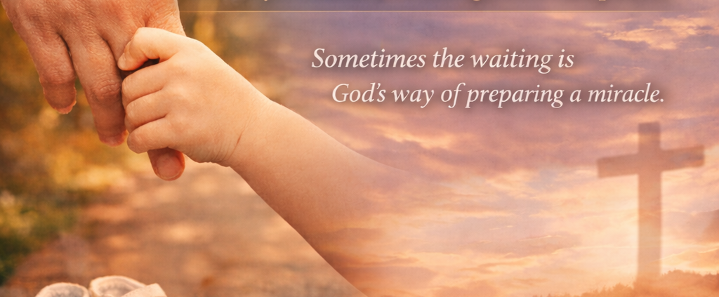 Vertical blog graphic for “The Third Choice,” showing an adult hand gently holding a child’s hand on a sunlit path, with baby shoes and a small heart-shaped bead ornament in the foreground. Soft clouds and a glowing cross fade into the background beside the text, “A Story of Faith, Waiting, and Adoption” and “Sometimes the waiting is God’s way of preparing a miracle.”