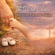 Vertical blog graphic for “The Third Choice,” showing an adult hand gently holding a child’s hand on a sunlit path, with baby shoes and a small heart-shaped bead ornament in the foreground. Soft clouds and a glowing cross fade into the background beside the text, “A Story of Faith, Waiting, and Adoption” and “Sometimes the waiting is God’s way of preparing a miracle.”