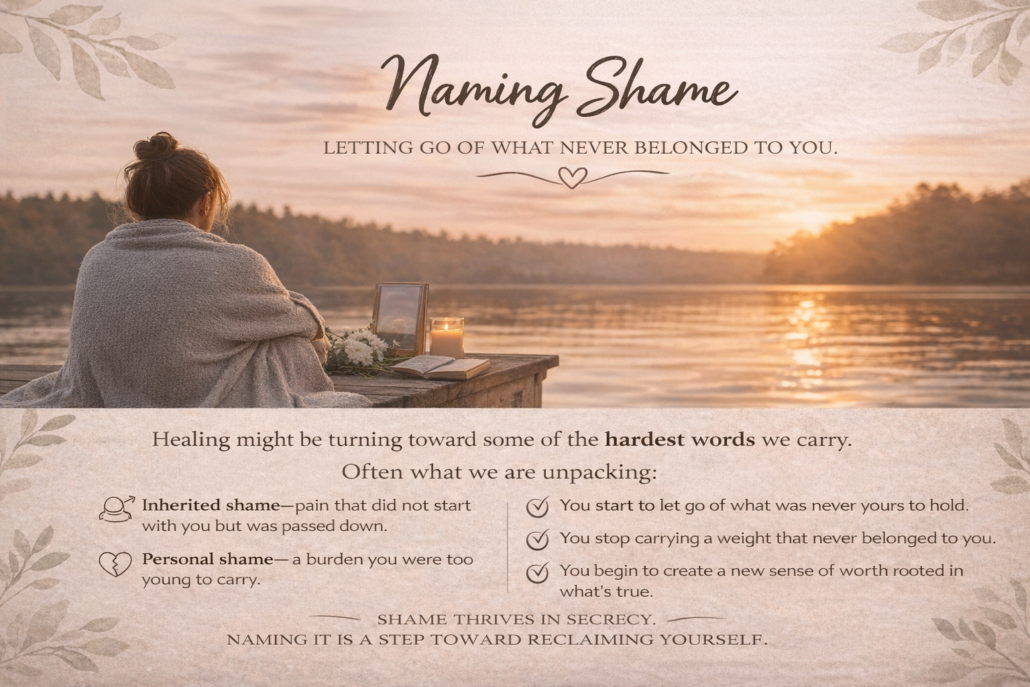 Blog graphic for a trauma healing story titled “What If We Remember Childhood by How It Felt?” featuring a woman sitting on a dock at sunset with a framed photo, candle, and flowers, symbolizing grief, shame, survival, and healing.