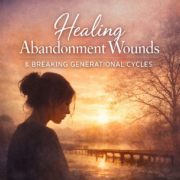 Square featured image with a warm sunrise over water, silhouetted woman in profile, and the title “Healing Abandonment Wounds & Breaking Generational Cycles” in soft white text.