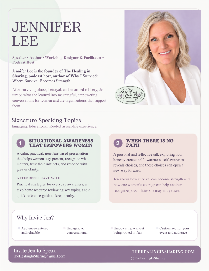 After surviving abuse, betrayal, and an armed robbery, she turned what she learned into practical, empowering presentations for women and the organizations that support them.